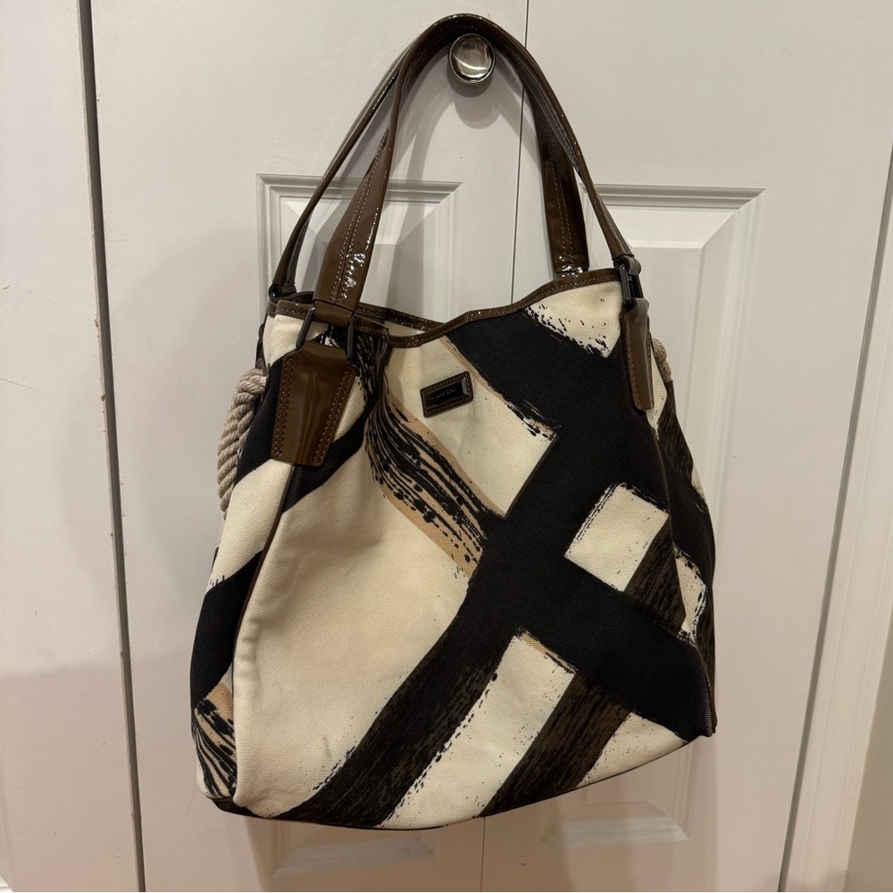 Burberry Brushstroke Canvas Shopper Tote Beige Black Brown Leather Trim